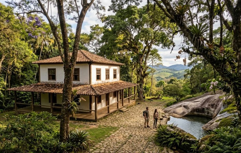 Fotografia da Fazenda Ipiabas, um casarão histórico de estilo colonial com varanda, cercado por densa Mata Atlântica e morros verdes do Vale do Paraíba, onde um casal de trilheiros está em pé em uma calçada de pedra ao lado de uma pequena lagoa natural e vestígios de trilhos de trem.