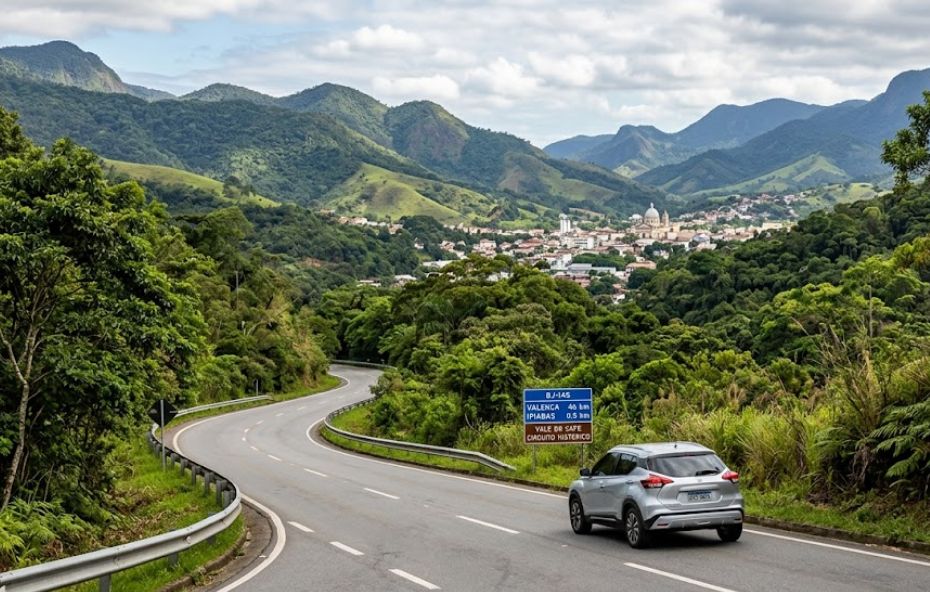 Uma fotografia colorida e detalhada mostra um carro SUV de cor prata dirigindo por uma estrada sinuosa e asfáltica que corta uma paisagem montanhosa e verde, com uma placa de trânsito em primeiro plano e uma cidade com uma grande igreja visível ao longe no fundo do vale.