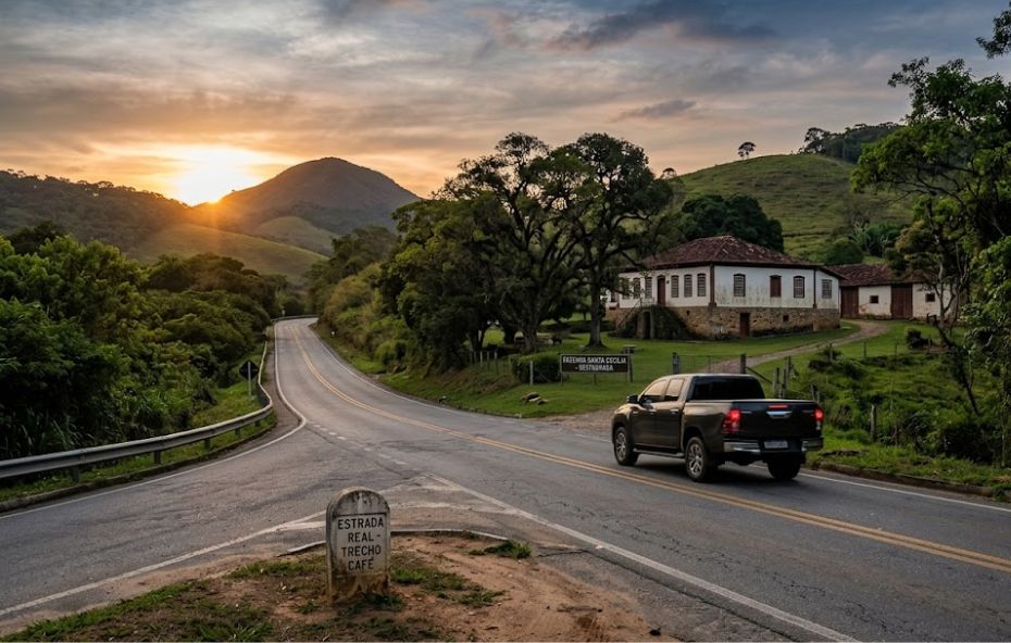 Uma fotografia realista de uma estrada pavimentada e sinuosa na região do Vale do Paraíba durante o pôr do sol. No primeiro plano à esquerda há um marco de pedra histórico com a inscrição Estrada Real Trecho Café. Uma picape escura moderna circula pela estrada em direção ao fundo. À direita da rodovia sobre uma colina gramada encontra-se uma grande fazenda colonial branca preservada com telhado de telhas cerâmicas e janelas simétricas. O cenário é composto por colinas verdes arborizadas e o sol brilha intensamente atrás de um pico de montanha distante criando um céu com tons alaranjados e quentes.