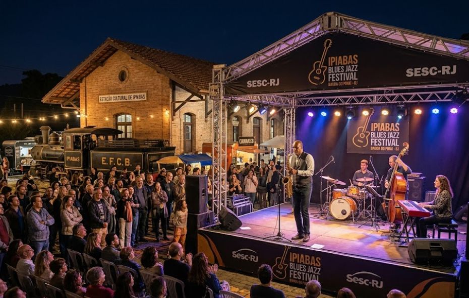 Um palco de festival iluminado à noite com músicos performando jazz e blues, diante de uma grande plateia na Estação Cultural de Ipiabas.