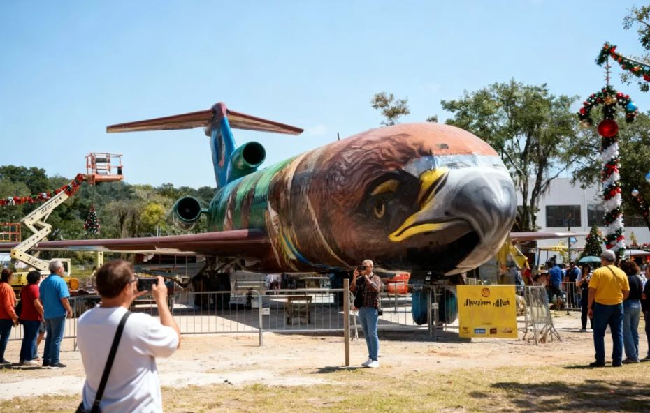 Fotografia de um avião Boeing 727 com pintura artística de uma águia na frente estacionado em uma área aberta com pessoas ao redor tirando fotos em um dia ensolarado.