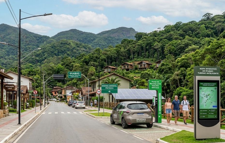 Uma foto de rua em Ipiabas com montanhas arborizadas ao fundo. Há um carro elétrico carregando e uma tela de informações para turistas.
