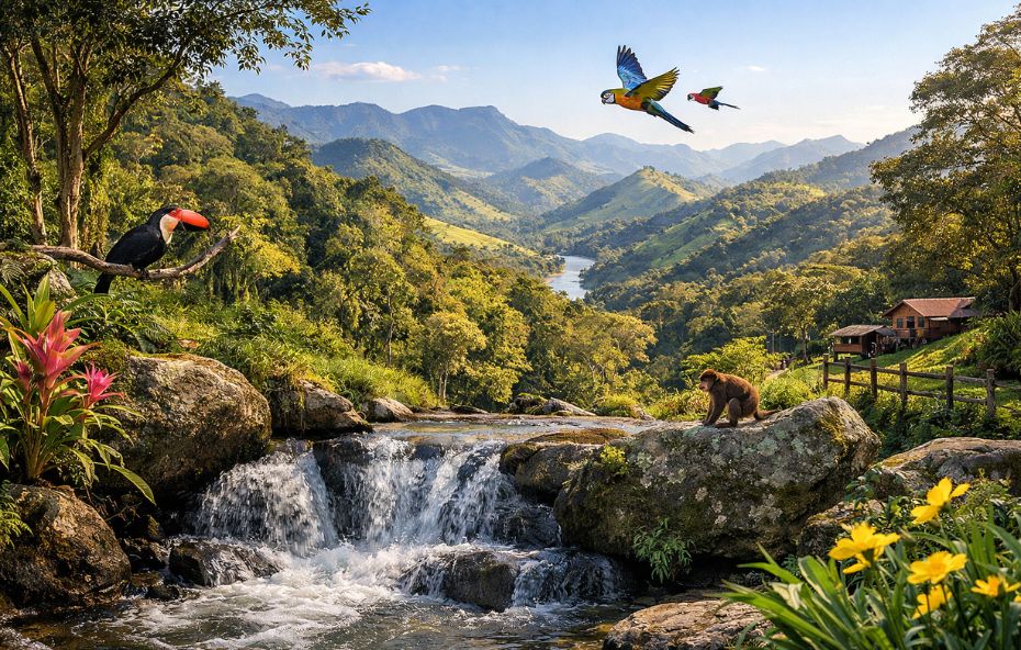 Cachoeira em meio à Mata Atlântica com montanhas ao fundo, rio sinuoso, fauna silvestre e pousada integrada à natureza em Ipiabas