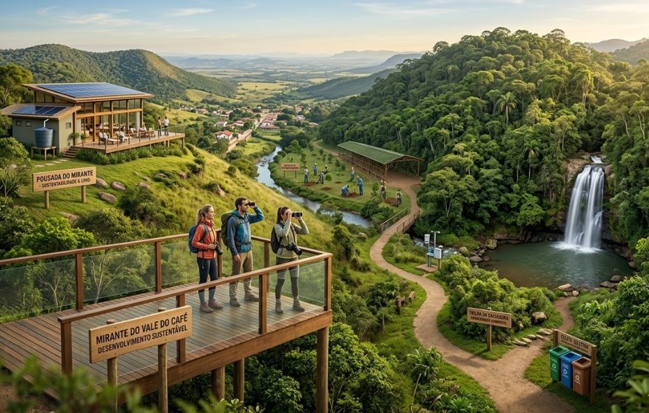 Uma imagem panorâmica realista e detalhada de uma região montanhosa no Brasil, com um grupo de turistas em um mirante de madeira observando o Vale do Café. Abaixo, há uma trilha mapeada que leva a uma cachoeira cercada por Mata Atlântica preservada. No lado esquerdo, uma pousada ecológica sustentável e uma área de reflorestamento com mudas nativas, além de coletores de lixo seletivo e placas indicativas.