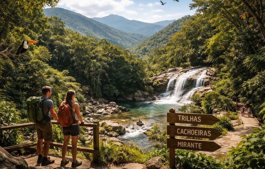 Trilha ecológica com vista para cachoeira em meio à Mata Atlântica, com visitantes observando a paisagem natural preservada.
