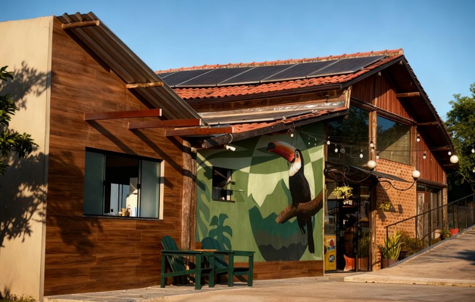 Fachada externa de um restaurante que combina paredes de madeira e tijolos aparentes, com um grande mural artístico de um tucano sentado em um galho e painéis solares instalados no telhado cerâmico.