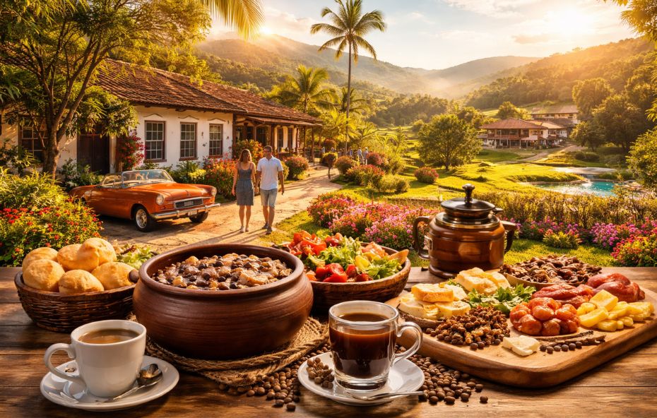 Mesa com comidas típicas brasileiras e café em primeiro plano, com pousada rural, casal caminhando e paisagem montanhosa iluminada pelo pôr do sol ao fundo.
