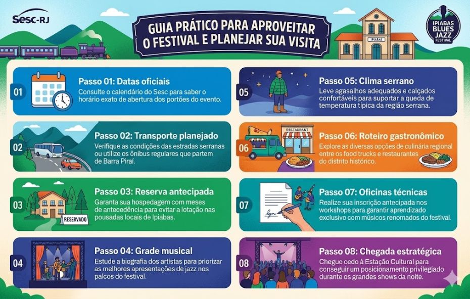 Um infográfico com oito passos organizados em uma grade de duas colunas, com ícones e textos explicativos sobre o festival de música.