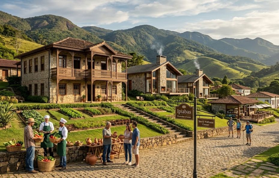 Uma foto panorâmica de uma pousada rústica em Ipiabas, com um casarão colonial de pedra, chalés modernos, uma horta orgânica e pessoas interagindo em um dia ensolarado, cercada por montanhas verdes.