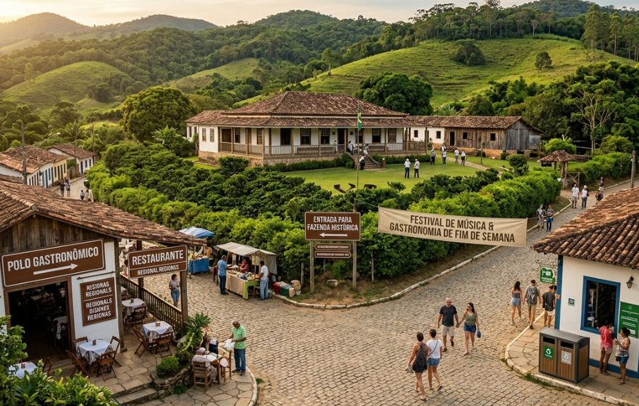 Vista elevada de um vilarejo brasileiro cercado por colinas verdes, onde um grande casarão colonial está em destaque. Placas indicativas apontam para uma fazenda histórica e um festival de música e gastronomia, enquanto turistas caminham por ruas de paralelepípedos ladeadas por restaurantes e barracas.