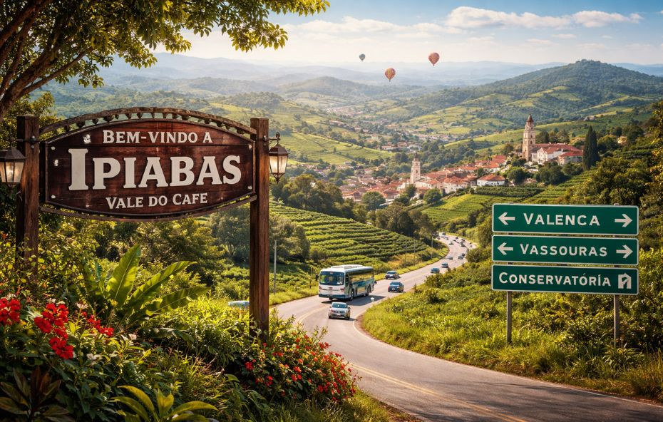 Vista panorâmica de Ipiabas com estrada sinuosa, placas indicando Valença, Vassouras e Conservatória, cercada por montanhas verdes e arquitetura histórica.