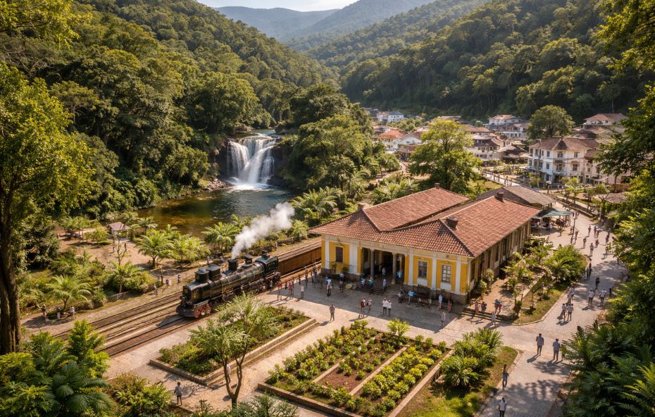 Vista aérea de vila cercada por mata atlântica com estação ferroviária restaurada, trem a vapor, cachoeira e turistas caminhando pelo centro histórico