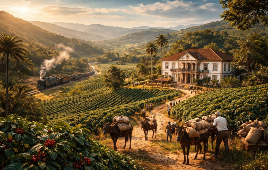 Paisagem rural com fazenda histórica, lavoura de café, tropeiros e trem antigo no Vale do Paraíba ao entardecer