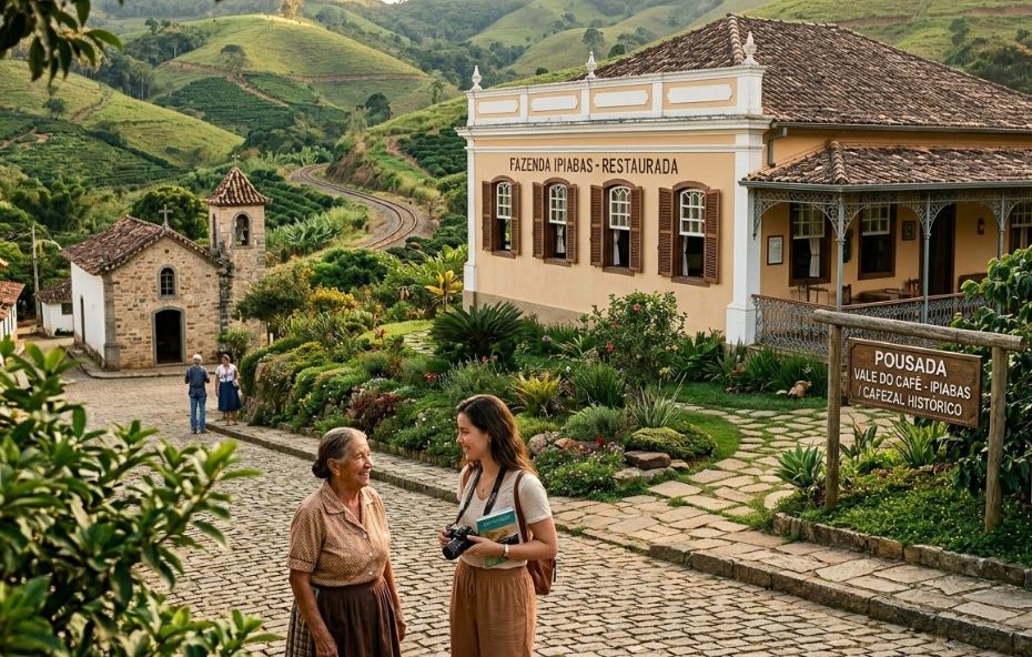 Uma fotografia de Ipiabas, no Vale do Café, em ângulo elevado, mostrando a Fazenda Ipiabas Restaurada, uma pousada e uma pequena igreja de pedra com telhado de terracota, cercadas por colinas verdes e plantações de café, com uma moradora e uma turista conversando em uma rua de paralelepípedos.