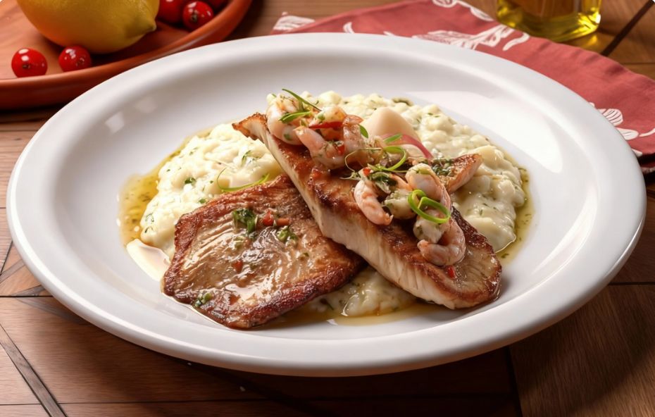Fotografia de um prato branco contendo filés de tilápia grelhados sobre uma base de purê cremoso, decorados com camarões pequenos, ervas frescas e pimenta picada em uma mesa de madeira.