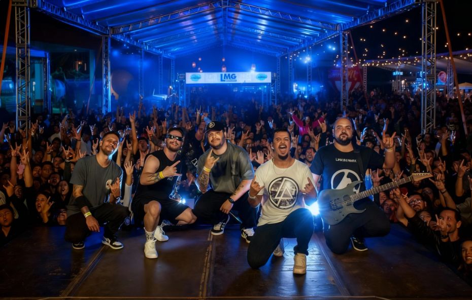 Fotografia de cinco integrantes de uma banda de rock ajoelhados na frente do palco, sorrindo para a câmera, com uma grande multidão ao fundo fazendo gestos de rock sob uma tenda iluminada por luzes azuis.