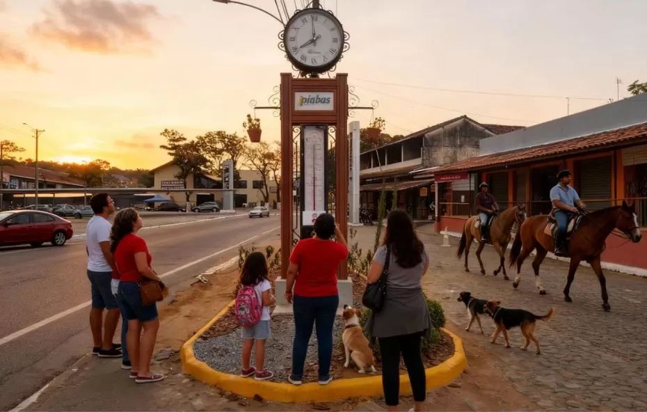 Fotografia ao pôr do sol mostrando um relógio e termômetro de rua em estilo retrô no centro de Ipiabas, com turistas observando a estrutura e cavaleiros passando ao fundo em uma rua de paralelepípedos.