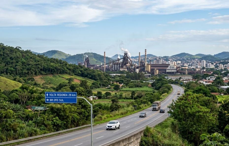 Uma fotografia panorâmica capturada de um ponto elevado mostra uma rodovia de asfalto com carros e caminhões serpenteando por colinas verdes e exuberantes. No primeiro plano à esquerda, uma grande placa de trânsito azul exibe texto branco com direções para Volta Redonda e Ipiabas. Ao fundo, um enorme complexo industrial siderúrgico com chaminés fumegantes está localizado próximo a uma área urbana densa.