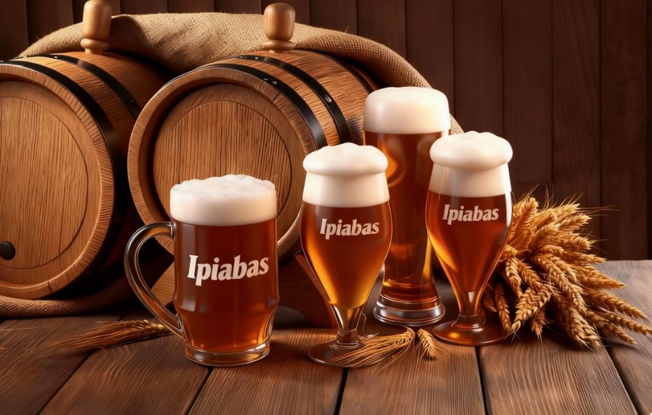 Ilustração de copos e uma caneca de cerveja com o rótulo Ipiabas posicionados à frente de barris de madeira e ramos de trigo sobre uma mesa rústica.