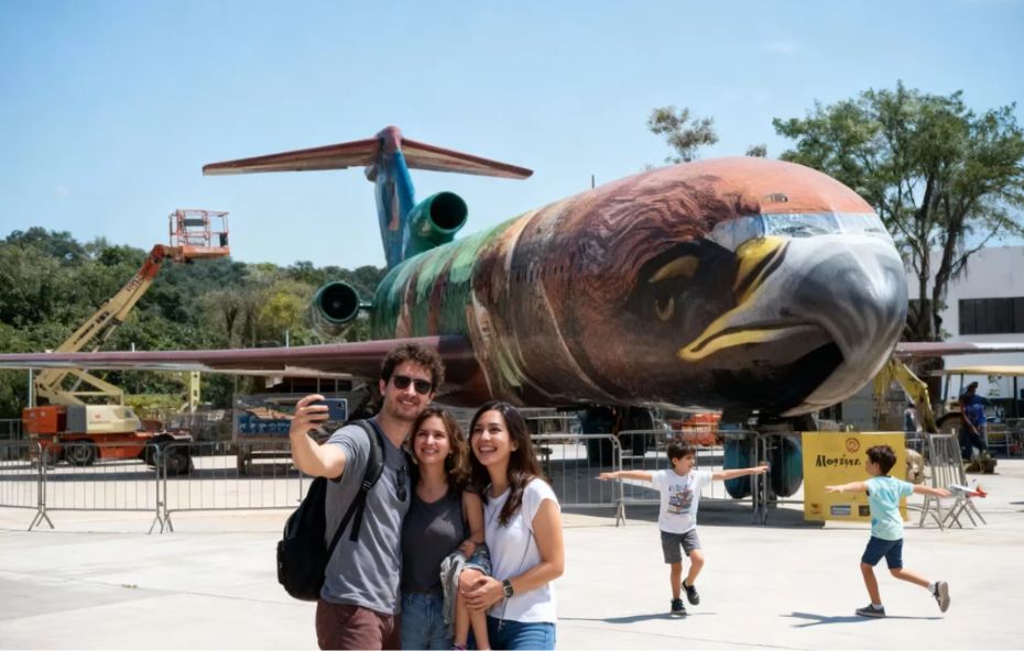 Pessoas em pé em uma área gramada fotografando a frente de um avião Boeing que possui uma pintura detalhada de uma águia cobrindo toda a cabine de comando.