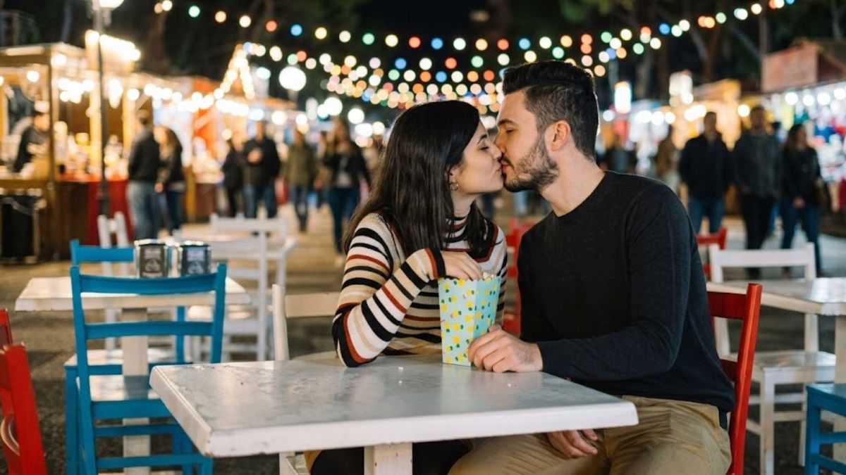Um casal está sentado em uma mesa branca ao ar livre em um mercado noturno em Ipiabas, compartilhando um saco de pipoca e um beijo afetuoso sob luzes decorativas coloridas.