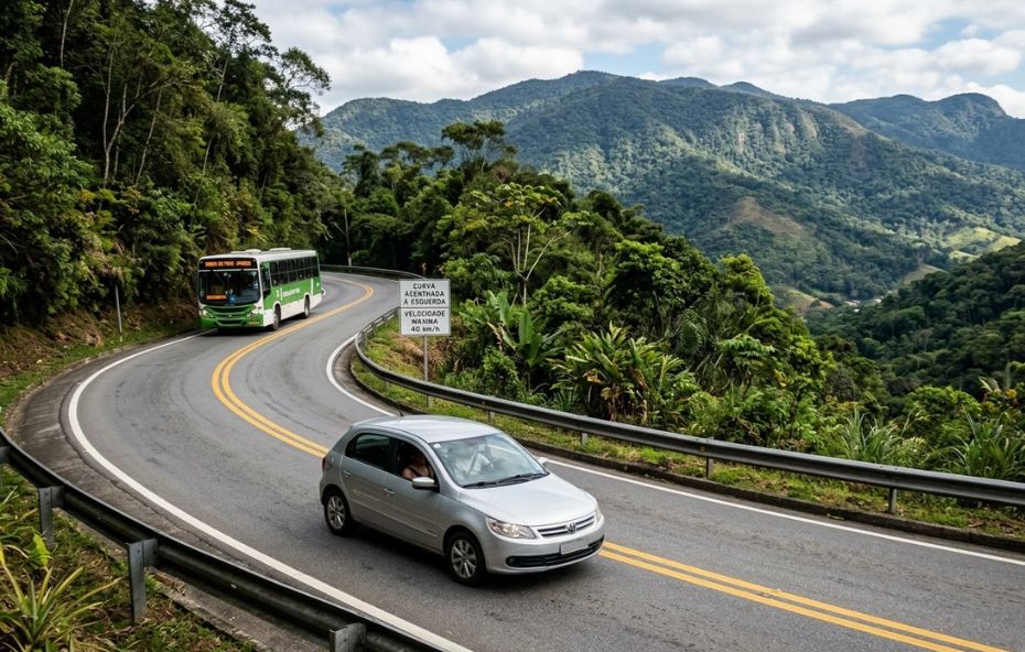 Um carro prata VW Gol e um ônibus verde da empresa Util sobem uma estrada de asfalto sinuosa e íngreme, identificada como RJ-137. O carro está em primeiro plano e o ônibus em uma curva. Placas de trânsito em português estão visíveis ao lado da via. O fundo mostra montanhas cobertas por densa floresta verde.