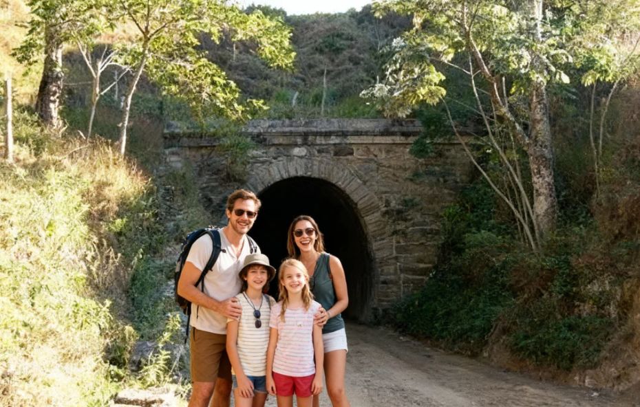 Uma família com dois adultos e duas crianças pequenas sorri na entrada do Túnel Velho de Ipiabas. O portal é feito de pedras cinzas encaixadas e está cercado por uma floresta verde densa sob a luz do sol.