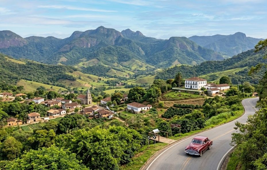 Fotografia aérea ultra realista de uma vila histórica brasileira em um vale verdejante. Uma rodovia sinuosa está em primeiro plano com um carro vintage vermelho. Casarões coloniais preservados e uma igreja estão no vale, rodeados por plantações de café e montanhas da Serra do Mar sob um céu claro.