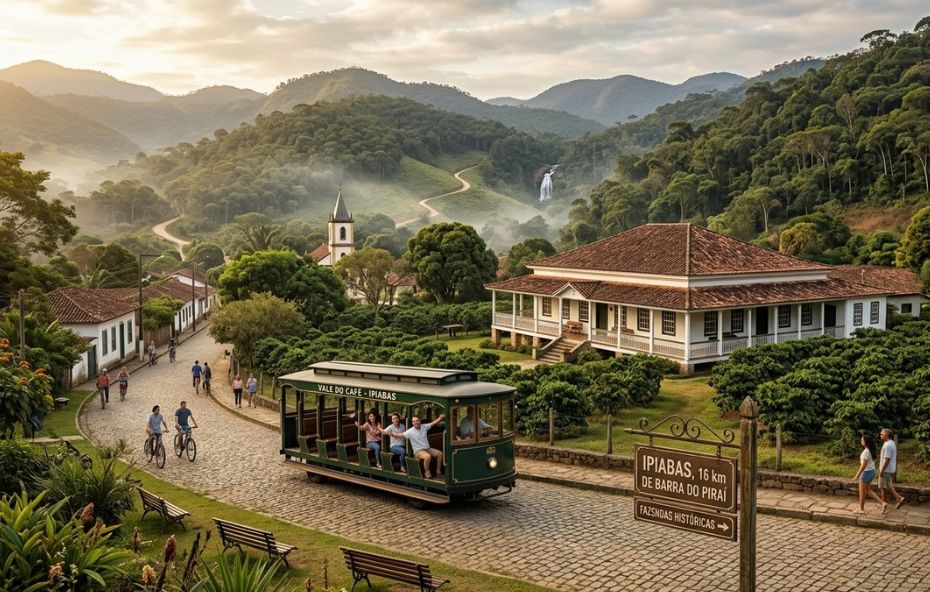 Uma fotografia ultra realista de Ipiabas, mostrando uma rua de paralelepípedos com um bonde verde escrito "VALE DO CAFÉ IPIABAS", passando em frente a uma fazenda colonial branca com telhado vermelho. Ao fundo, uma igreja, uma cachoeira distante e montanhas cobertas pela Mata Atlântica sob a luz do pôr do sol. Um poste de sinalização de madeira no canto inferior direito indica distâncias e direções.