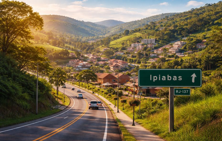 Uma foto aérea da Rodovia RJ 137 serpenteando por um vale montanhoso até o distrito de Ipiabas. A estrada tem carros e uma ciclovia. À direita, uma placa verde indica 'Ipiabas'. No vale e nas encostas, há muitas casas com telhados vermelhos. A luz do sol da tarde banha as colinas verdes.