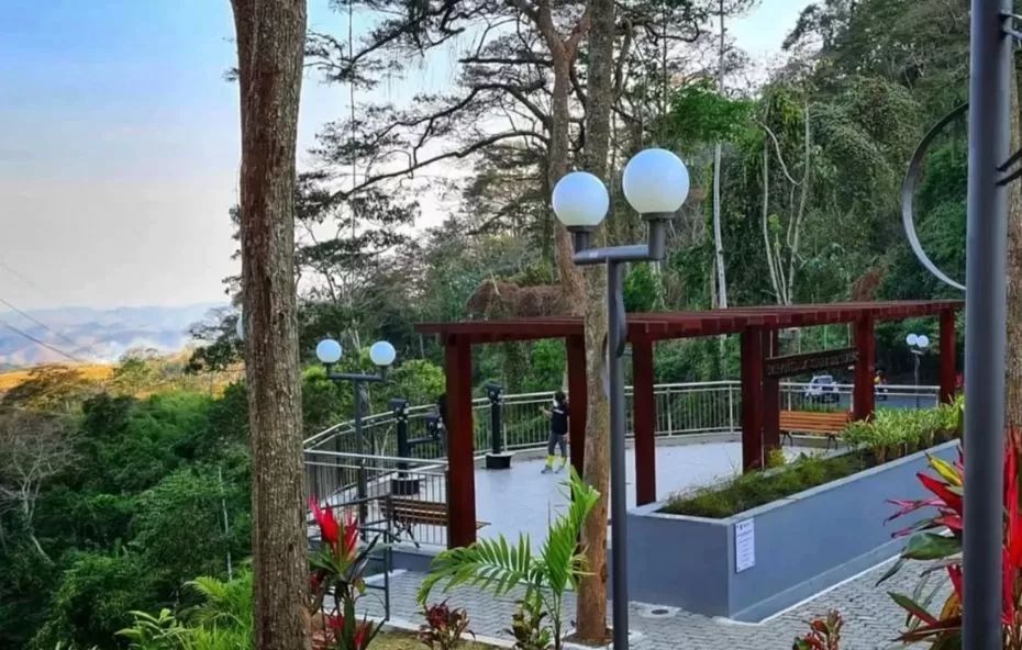 Fotografia colorida mostra a estrutura de madeira de um mirante sobre a vegetação. No fundo, há uma paisagem montanhosa sob o céu claro.