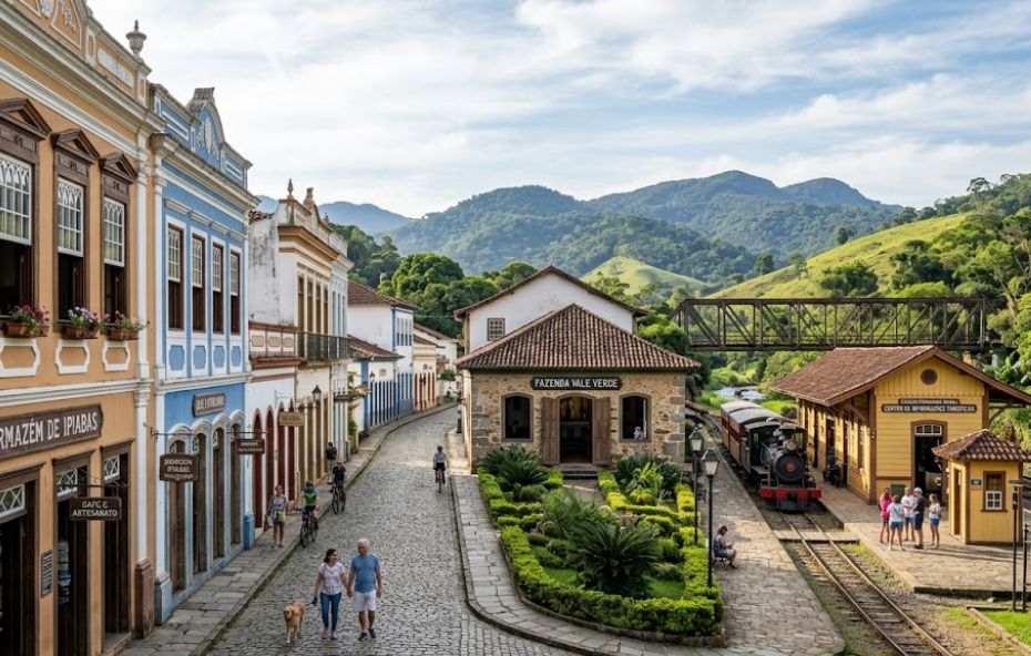 Fotografia em ângulo elevado de uma vila colonial preservada em Ipiabas, Barra do Piraí. Uma rua de paralelepípedos ladeada por prédios coloridos e preservados leva em direção a montanhas cobertas de vegetação. À direita, vê-se uma estação ferroviária de madeira e uma locomotiva a vapor com pessoas na plataforma. Uma antiga casa de fazenda de pedra com jardins bem cuidados está no centro. Uma ponte de ferro cruza um pequeno vale no fundo.