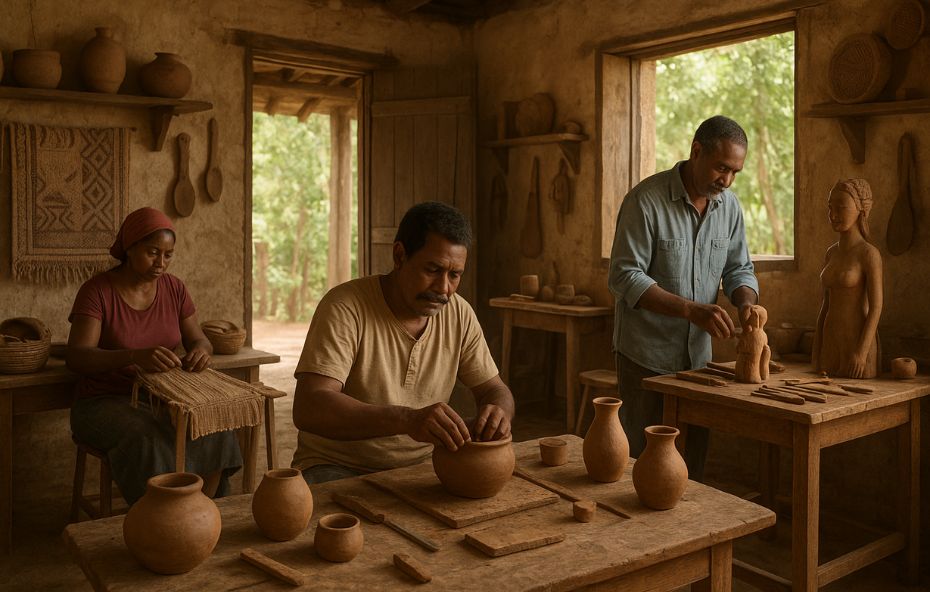 Artesãos de Ipiabas trabalhando com barro, madeira e tecidos em um ateliê rústico, representando a tradição cultural do Vale do Paraíba Fluminense.