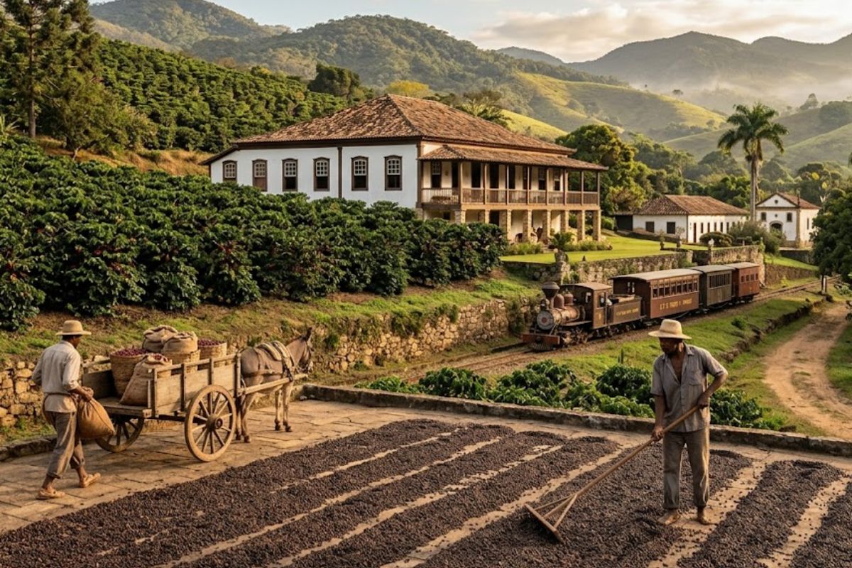 Fotografia ultra realista de uma fazenda histórica em Ipiabas com terreiro de café, trabalhadores rurais, casarão colonial e uma locomotiva.
