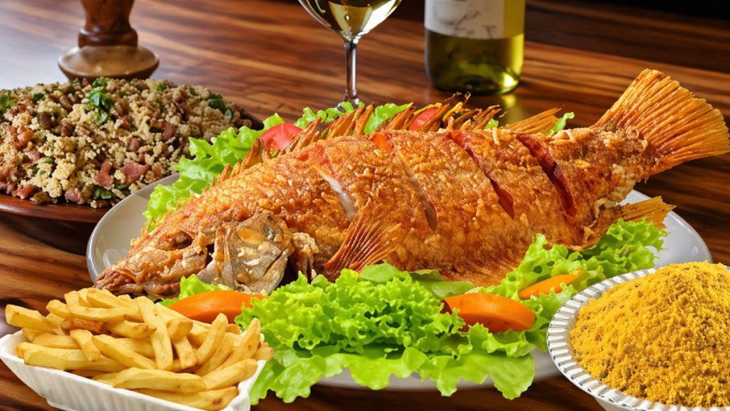 Uma fotografia colorida de uma refeição completa com tilápia frita sobre uma mesa de madeira. No centro, uma tilápia inteira frita, dourada e com cortes transversais, está deitada sobre folhas de alface fresca com rodelas de tomate e cenoura. À esquerda, uma pequena tigela branca de batatas fritas crocantes. À direita, uma travessa de metal prateada cheia de farofa dourada e crocante. Ao fundo, uma tigela de farofa de cuscuz com bacon e ervas, uma taça de vinho branco cheio e uma garrafa de vinho branco.