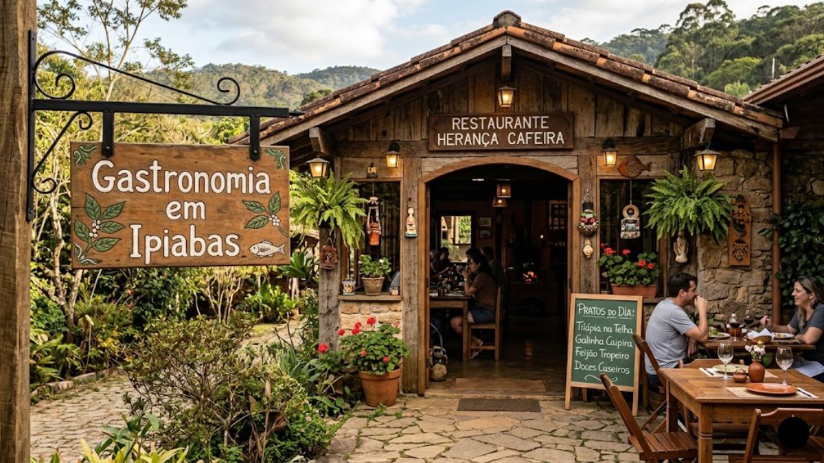 Fotografia realista de um restaurante de madeira e pedra com uma placa de madeira entalhada onde se lê Gastronomia em Ipiabas.