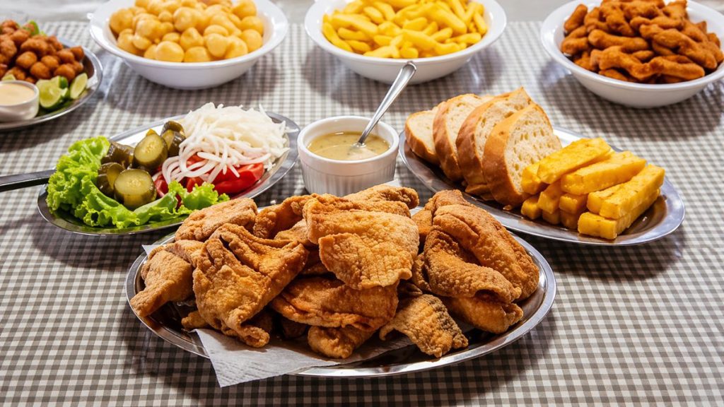 Uma mesa com toalha xadrez cinza e branca repleta de travessas de metal com petiscos fritos. No centro, uma grande porção de filés de tilápia empanados e fritos. Ao redor, há pratos com batatas fritas, polenta frita palito, salada de tomate com cebola e picles, fatias de pão rústico e molho em um pote branco. Ao fundo, tigelas brancas contêm salgadinhos redondos e tiras de frango empanado, criando um banquete farto de culinária afetiva.