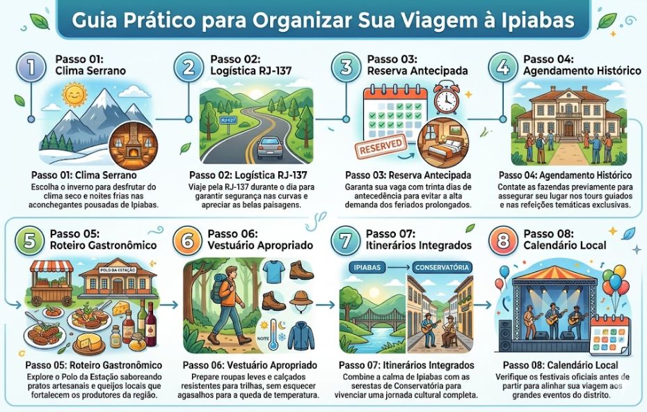 Infográfico horizontal com fundo azul claro apresentando oito passos ilustrados para organizar uma viagem de turismo rural em Ipiabas, RJ. Cada etapa contém ícones coloridos, títulos em negrito e descrições curtas sobre clima, logística, reservas, agendamentos, gastronomia, vestuário, itinerários e eventos locais.