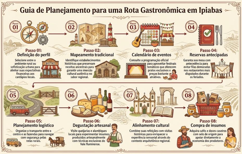 Um infográfico ilustrado em estilo vintage com bordas decorativas e oito passos numerados que orientam o planejamento de uma rota gastronômica em Ipiabas, incluindo ícones e descrições para cada etapa.