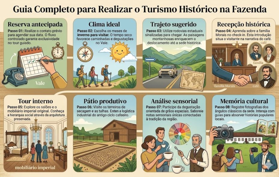 Um infográfico ilustrado e detalhado que serve como um guia completo para realizar turismo histórico em uma fazenda. O infográfico apresenta um título principal em cima e está dividido em oito painéis emoldurados, organizados em duas filas de quatro, conectados por uma linha guia. Cada painel tem um ícone ilustrativo, um título de subtópico e um texto descritivo. Os tópicos dos painéis são, da esquerda para a direita, Fila Superior: Reserva antecipada, Clima ideal, Trajeto sugerido, Recepção histórica. Fila Inferior: Tour interno, Pátio produtivo, Análise sensorial, Memória cultural. O estilo é ilustrativo, amigável e informativo, com uma paleta de cores neutras e toques de verde, azul e dourado.