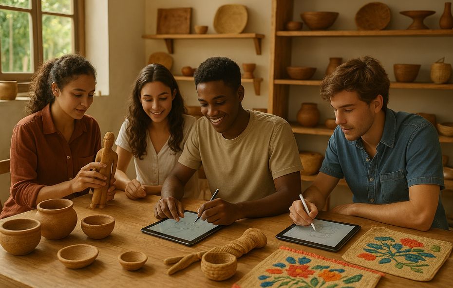 Jovens artesãos e designers colaboram em estúdio de criação em Ipiabas, unindo técnicas tradicionais e design contemporâneo para renovar o artesanato local.