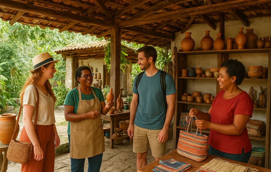Turistas visitando loja de artesanato em Ipiabas, interagindo com artesãos locais e explorando peças feitas à mão em ambiente rústico e acolhedor.