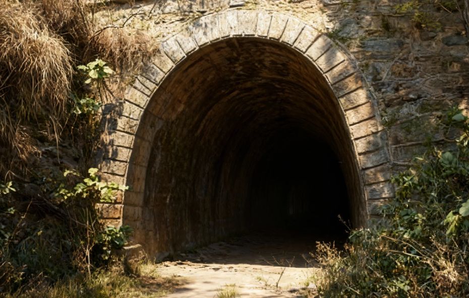 Fotografia da entrada de um túnel ferroviário antigo construído com grandes blocos de pedra dispostos em arco perfeito. A estrutura está incrustada em uma encosta com vegetação rasteira e arbustos ao redor. O interior do túnel é completamente escuro criando um forte contraste com a luz solar que atinge a fachada de alvenaria externa.