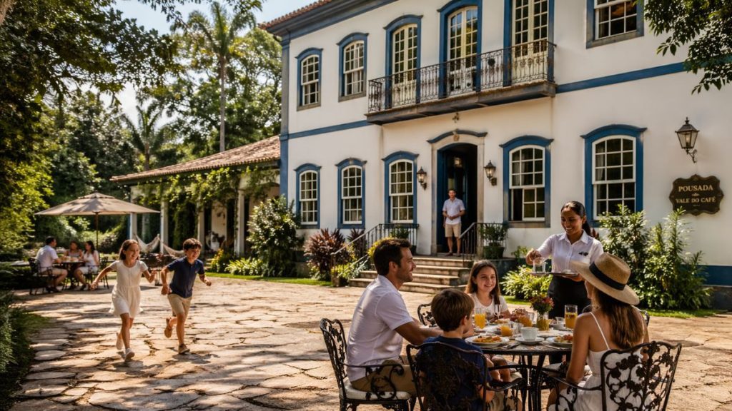 Uma fotografia ensolarada capturada no pátio externo de uma pousada de charme em Ipiabas. No centro da composição uma família de quatro pessoas está sentada ao redor de uma mesa de ferro forjado desfrutando de um café da manhã ao ar livre. Uma funcionária uniformizada sorri enquanto serve bebidas à família. À esquerda duas crianças correm alegremente pelo pátio de pedras irregulares. Ao fundo destaca-se a fachada de um imponente casarão colonial de dois andares pintado de branco com molduras de janelas e portas em azul vibrante. Uma placa de madeira na parede identifica o local como Pousada Vale do Café. O ambiente é cercado por vegetação densa árvores altas e jardins bem cuidados sob uma iluminação natural clara que reforça a atmosfera de tranquilidade e exclusividade do local.