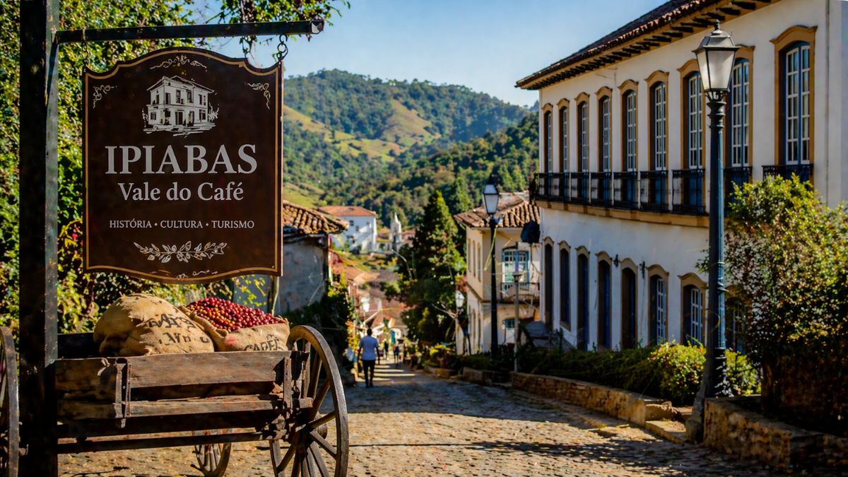 A imagem captura uma rua de paralelepípedos descendo uma encosta íngreme na histórica cidade de Ipiabas, no Vale do Café. No primeiro plano, à esquerda, destaca-se um grande e ornamental placa de madeira suspensa por uma moldura de ferro forjado. A placa de cor marrom escuro apresenta a imagem gravada de uma imponente casa colonial e o texto em letras brancas: IPIABAS Vale do Café HISTÓRIA CULTURA TURISMO. Abaixo da placa, um carro de boi de madeira envelhecido está carregado com dois sacos de estopa cheios de bagas de café vermelhas e verdes. À direita da rua, ergue-se um elegante edifício colonial de dois andares, com fachada branca, molduras de janelas em amarelo brilhante e varandas ornamentais de ferro forjado no andar superior. Poste de luz de estilo antigo está posicionado em frente à casa. A rua de paralelepípedos serpenteia para baixo, onde um pedestre solitário caminha ao longe. O fundo é dominado por colinas verdes exuberantes sob um céu azul claro e brilhante, refletindo a paisagem rural do Vale do Café. A luz do sol banha a cena de forma equilibrada.