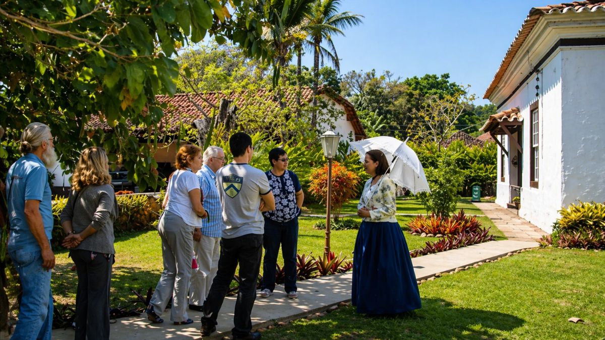 Uma fotografia colorida tirada ao ar livre em um dia ensolarado mostrando uma visita guiada na Fazenda São João da Prosperidade. À direita uma guia turística veste um traje de época composto por uma saia longa azul escura e uma blusa floral de mangas longas enquanto segura uma sombrinha branca rendada. Ela está de pé em um caminho de cimento conversando com um grupo de cinco turistas de diversas idades que a escutam atentamente. O grupo está posicionado à esquerda sob a sombra parcial de árvores frondosas. Ao fundo à direita vê-se a lateral de um casarão colonial branco com janelas de madeira e telhado de barro. O jardim é bem cuidado com gramado verde arbustos ornamentais de folhas coloridas e bromélias vermelhas ao longo do caminho. O céu está azul e a iluminação natural destaca as cores vibrantes da vegetação e das vestimentas.