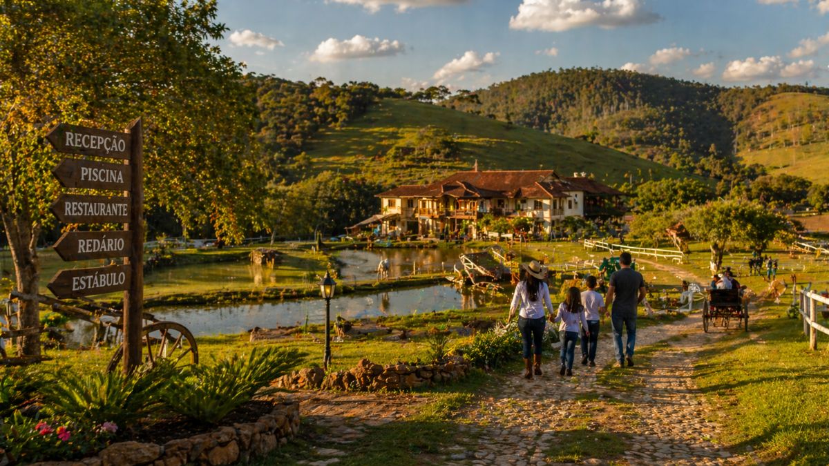 Uma fotografia panorâmica capturada durante o entardecer em um hotel fazenda em Ipiabas. No primeiro plano à direita uma família composta por um casal e duas crianças caminha de costas por uma trilha de pedras em direção à sede da propriedade. À esquerda destaca-se um totem de madeira com diversas setas indicativas apontando para a recepção piscina restaurante redário e estábulo. O cenário central apresenta um lago sereno que reflete a luz dourada do sol com gansos e uma charrete ao fundo. A sede do hotel é um casarão rústico de dois andares com telhado de barro cercado por jardins e cercas brancas. O fundo é dominado por colinas verdes e montanhas onduladas sob um céu com nuvens esparsas iluminadas pelo pôr do sol. A luz quente do final do dia cria sombras longas e uma atmosfera de tranquilidade e lazer rural.
