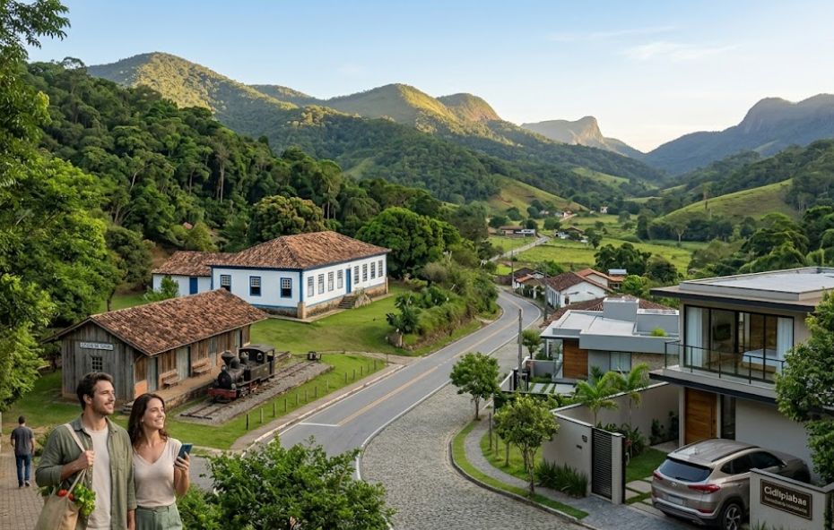Vista panorâmica de Ipiabas mostrando um casal caminhando próximo a uma estação ferroviária histórica e casas modernas com montanhas ao fundo.