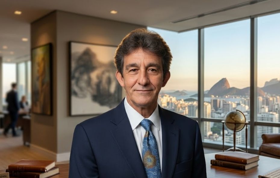 Retrato de Alexandre Cid vestindo terno azul em um escritório sofisticado com vista panorâmica para a cidade e montanhas ao fundo.