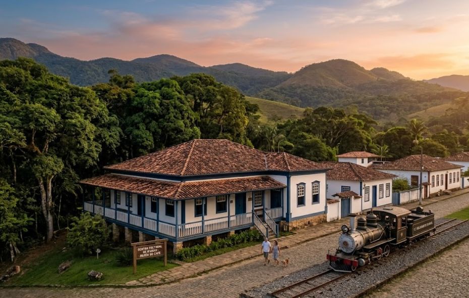 Vista panorâmica de um grande casarão colonial branco com detalhes azuis e telhado de barro ao lado de uma antiga locomotiva a vapor em trilhos sobre rua de pedra ao pôr do sol.